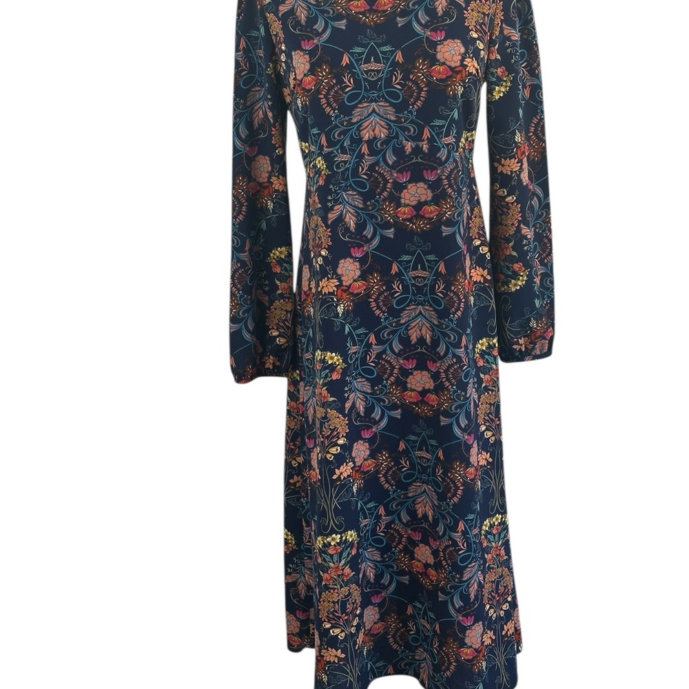 I. Madeline Boho Floral Midi Dress Navy Long Sleeve Fit & Flare Dress Size M